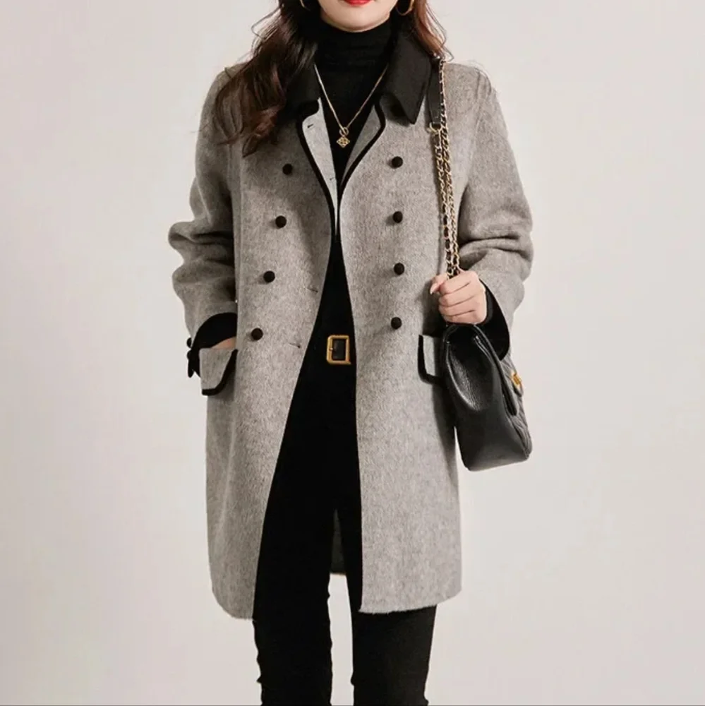 Coat Women's Autumn and Winter New Splicing Lapel Double Breasted - Picture 3 of 5